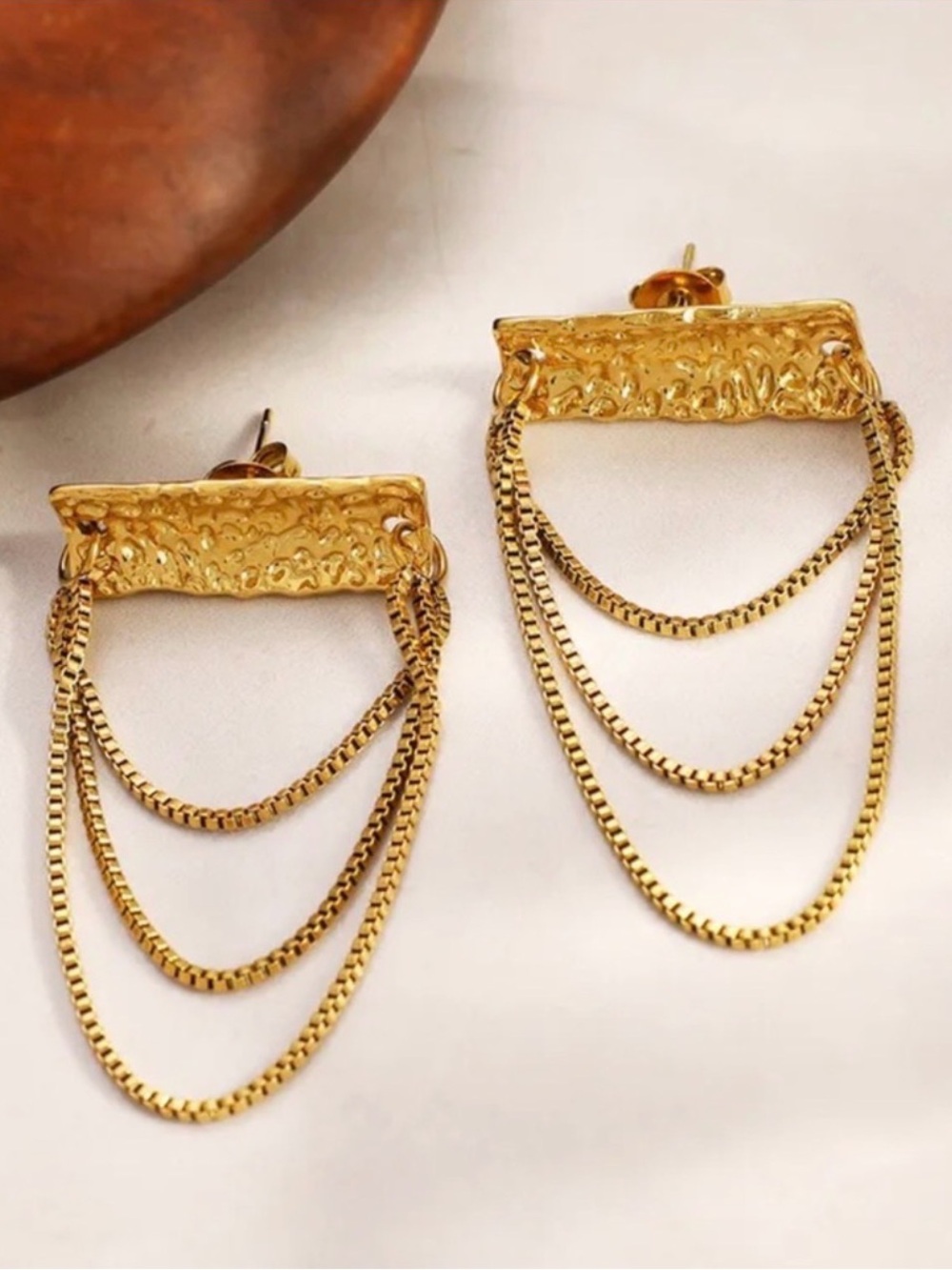 Gold Hammered Bar Chain Drop Earrings | Statement Dangle Earrings